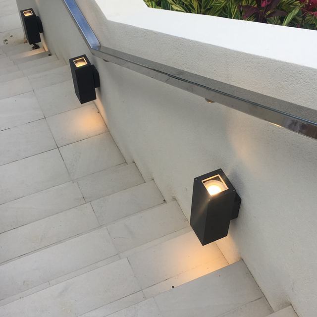 Outdoor step lighting along a staircase